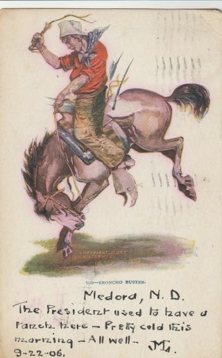 Rodeo Bronco Buster Postcard Western 1906 Embossed Cowboy