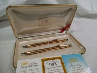 Cross Pen Pencil Set 14k Gold Filled 1/20 Case W/ 1967 Brochure - Ic