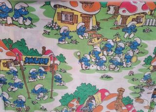 Vintage Smurf Bed Sheet Flat Twin Or Fabric Made In Usa Smurfs
