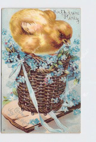 Ppc Postcard Easter Joy Be Thine Chick On Basket Of Flowers Silver Embossed Undi