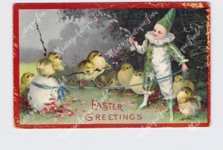 Ppc Postcard Easter Greetings Boy In Clown Harlequin Outfit Playing With Chicks