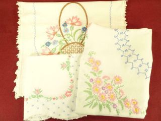 3 Vintage Pink Rose Florals Hand Embroidered Linen Tablecloths 36x39 29x31 14x38
