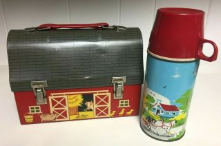 Vintage 1958 Open Door Barn Dome Lunchbox W/ Thermos With Intact Glass