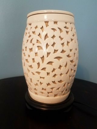 Vintage Blanc De Chine Pierced Porcelain Ginger Jar Lamp Cherry Blossom C 1950 