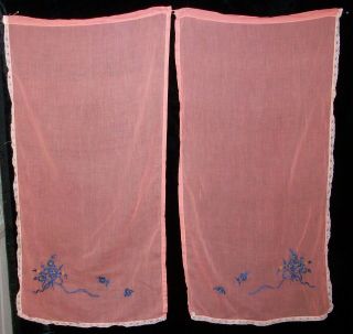 Vintage Coral Cotton Semi - Sheer Curtains Blue Floral Embroidery & Lace 2 Pairs