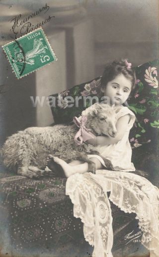 Vintage Real Photo Postcard Little Girl With Pet Lamb