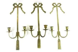 Set Of 3 Antique Bow & Tassle Brass 2 Arm Candle Holder Sconce 19 " Wall Hanging