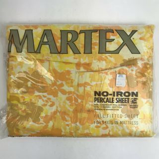 Vintage Martex Full Fitted Sheet Yellow Gold Floral No Iron Percale Bedding