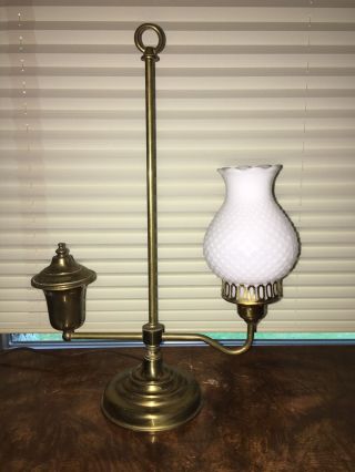 Vintage Brass One Arm Desk Lamp Hobnail Milkglass Shade