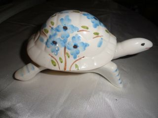 Vintage Ceramic Turtle Trinket Box W/lid Hand Painted W/blue Flowers Portugal