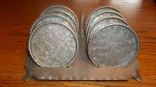 8 Vintage Everlast Hand Forged Hammered Aluminum Drink Coasters Floral Design