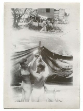 Vintage Black & White Snapshot Gay Interest Photo Nude Men Sharing Shower Bucket
