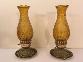 Pair Vintage Mcm Amber & Smoke Glass Hurricane Lamps Retro Boudoir