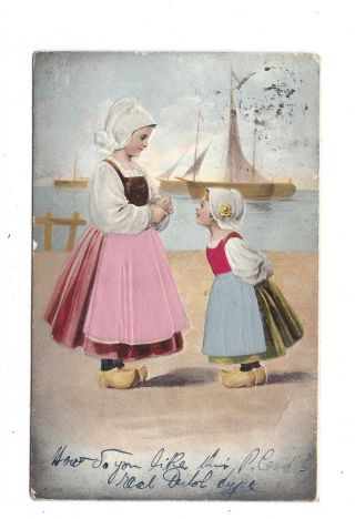Vintage Embossed Silky Postcard Dutch Mother & Daughter.  Pmk Amsterdam 1909