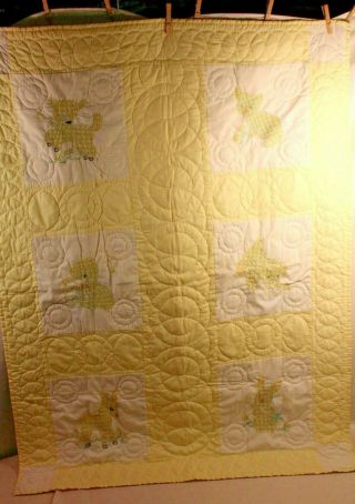Hand Quilted Cross Stitched Embroidered Baby Quilt Yellow