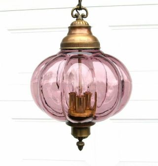 Vintage Mcm Purple Amethyst Onion Glass Globe Shade Brass Lantern Hanging Light