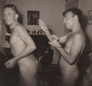 1940s Nude Gay Men W/ Flower Photo Naked Man Physique Male Soldiers Fun Rear