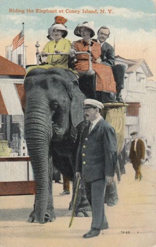 Old Vintage Postcard Riding The Elephant At Coney Island Ny