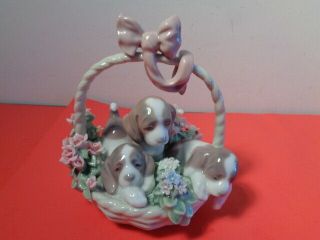 Lladro 1441 " A Litter Or Love " 3 Puppies In A Basket Of Flowers Made In Spain