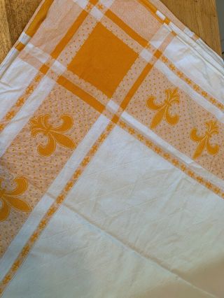 Vintage Cotton Fleur De Lis Tablecloth Linens Yellow White 58” X 67” Rectangle