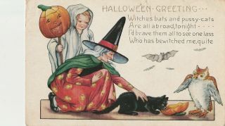 S21 1495 Vintage Whitney Halloween Postcard Witch Petting Cat Jol Owl C.  1920