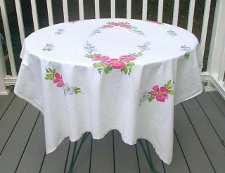 Vintage Print Tablecloth White Pink Blue Green Leaves Flowers