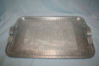 Vtg Hand Wrought Aluminum Rectangle Tray Hunting Scene Trade Continental 574