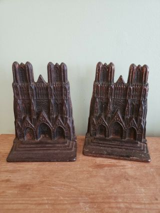 Antique Cast Iron Bronzed Bookends Gothic Cathedral By Verona 1930s Notre Dame
