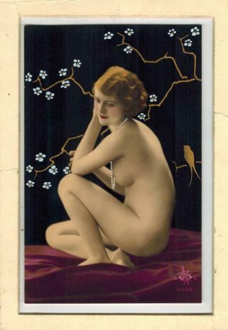 French Nude Woman Sitting Pearls 1910 - 1920 Sol Color Photo Postcard T2