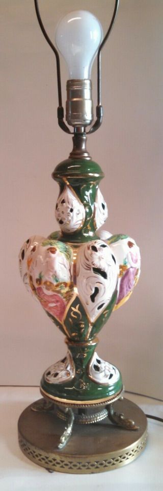 Vtg Capodimonte Cherub Pierced Porcelain Lamp Italy Filigree Brass Base Dolphins