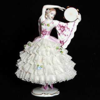 Sitzendorf Germany Dancing Lady With Tamborine Dresden Lace Porcelain Figurine
