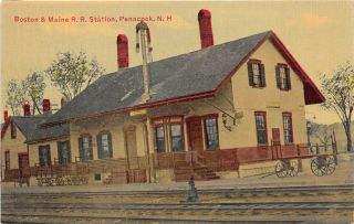 Penacook Hampshire 1910 Postcard Boston & Maine Railroad Train Station Depot