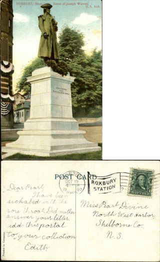 General Joseph Warren Statue Roxbury Ma Mailed 1907 Revolutionary War Patriot