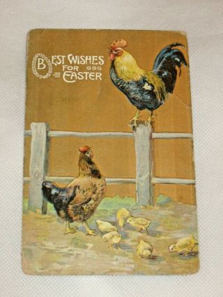 Vintage Easter Postcard Rooster On Fence W/hen Chicken & Baby Chicks Early 1900s