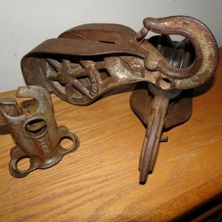 Vintage F.  E.  Myers & Bro.  Two Cast Iron Hay Barn Pulleys,  Rope - Rig