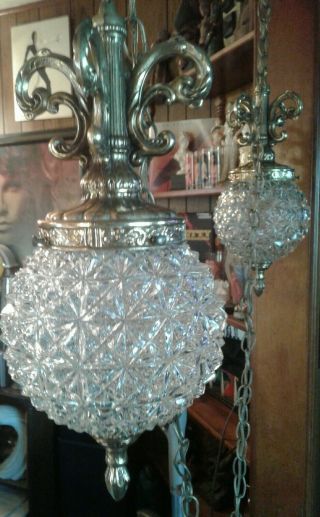 Vintage Double DIAMOND Cut Clear Glass Globes Hanging SWAG Ceiling Light Fixture 2
