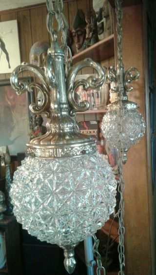 Vintage Double DIAMOND Cut Clear Glass Globes Hanging SWAG Ceiling Light Fixture 7