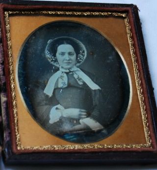 Great 1/6th Plate Daguerreotype Of A Lady In A Bonnet