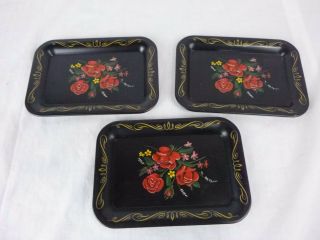 3 Vtg Mid Century Small Metal Decorative Trays Red Rose Motif 6.  75 " X 4.  75 "