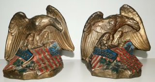 Antique J.  Ruhl " Painted " Bronze Bookends American Eagle Holding Shield & Flag