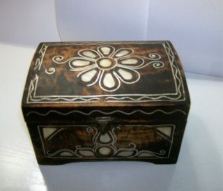 Vintage Handmade Handcrafted Wood Jewelry Chest Box With Mother Of Pearl Inlay