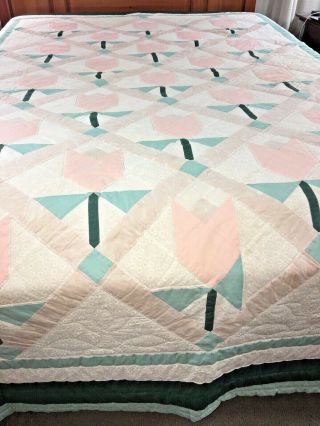 Omg Vintage Handmade Tulip Quilt 75 " X 107 " Signed Dated