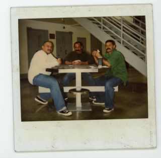 Mustached Guys Playing Cards Inside Prison Vintage Snapshot Photo Color Polaroid