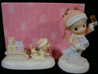 Precious Moments - 2 Piece Set - Sleigh Bells Ring - Boy/dog On Sled Delivering Gifts