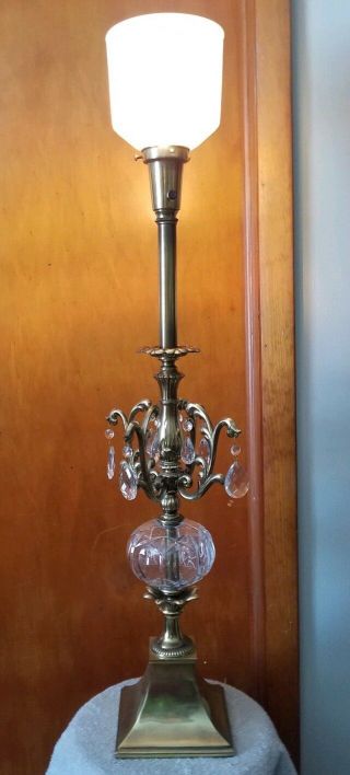 Vintage Heavy Brass Torchiere Table Lamp 38 " Crystal Prisms Glass Ball Center