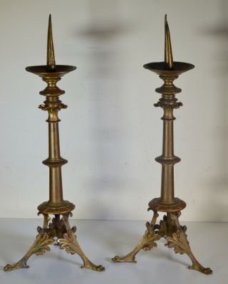 Pair Large Antique Ornate Gilded Bronze Church Candle Holder Pricket 19th/18th C