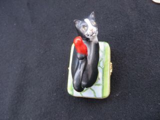 Limoges Artoria France Cat Looking a Bird on Tail Trinket Box Peint Main Signed 3