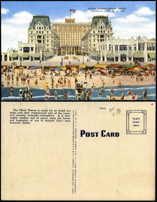 Hotel Dennis Beach Scene Atlantic City Nj Jersey 1940s Linen Postcard