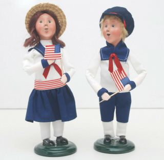Byers Choice - Boy & Girl Carolers In Red,  White & Blue Outfits Waving Flags 2012