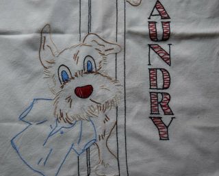 7227 Antique 1920 - 30 ' s embroidered home made Laundry bag,  Dog design 2